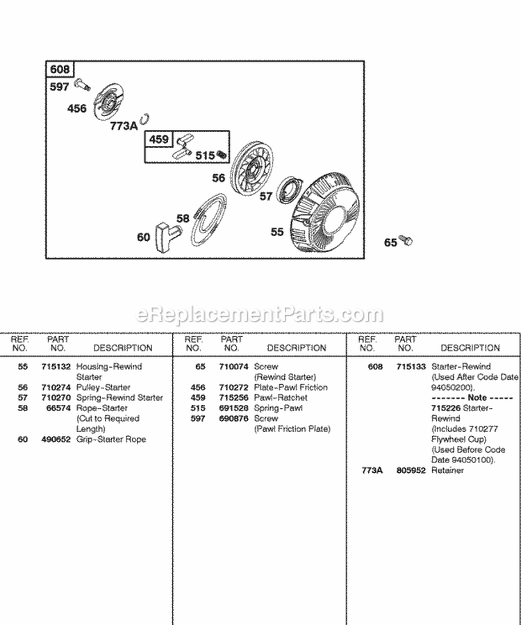 Rewind Starter Diagram and Parts List for 115432-0029-01  Briggs and Stratton Engine